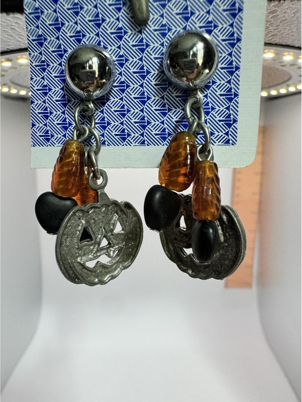 Halloween Jack-O-Lantern Dangle Earrings Silver Tone Amber Black Beaded Charms